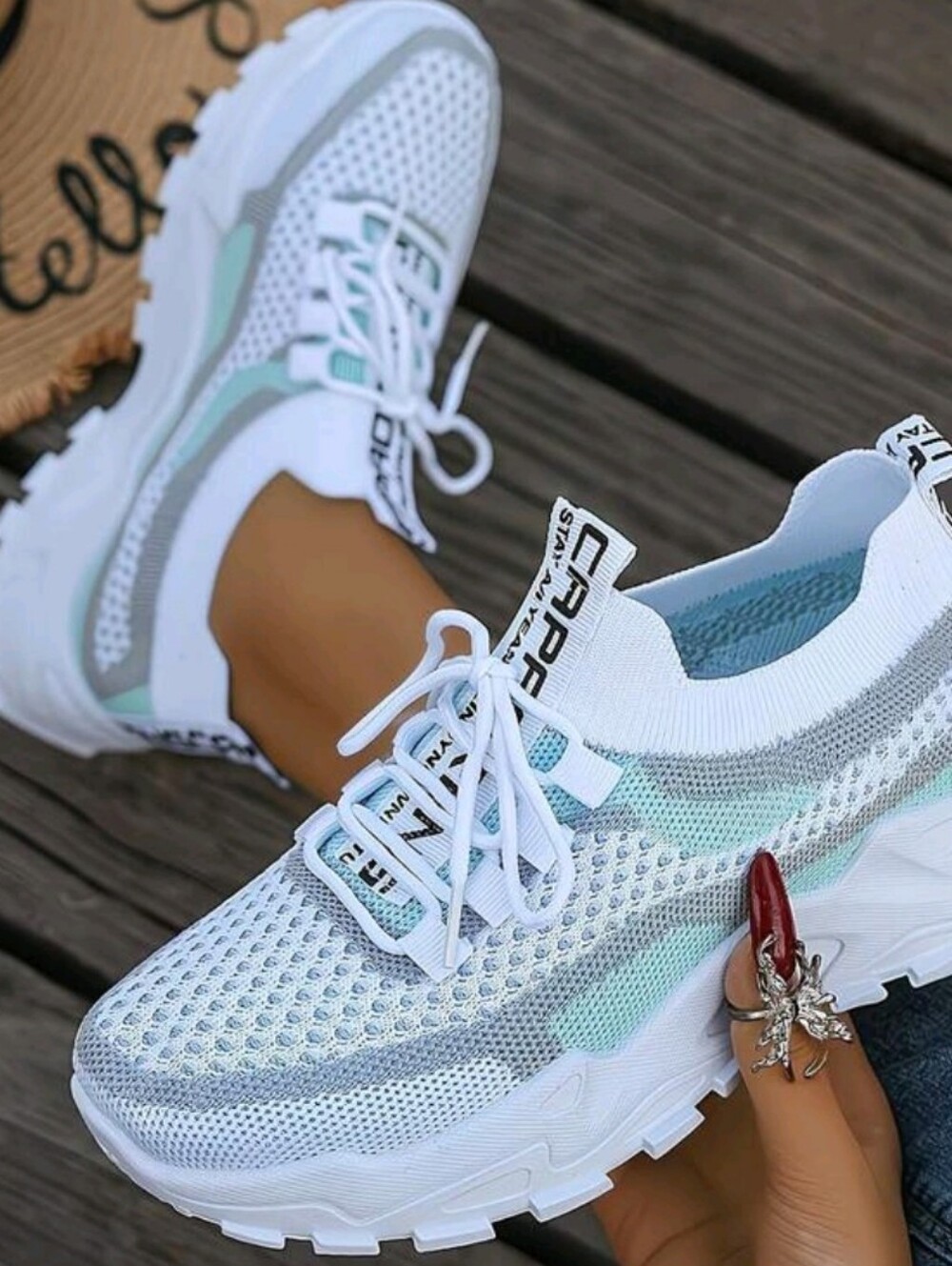 Women’s White Knit Mesh Sneakers with Mint Accents